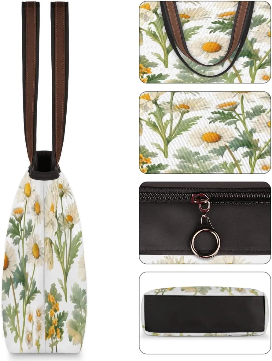 Poppy Flowers Tote Bag with Zipper 15 Inch Canvas Tote Bag for Women Shoulder Handbag