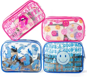 Preppy Pink Blue Clear Cosmetic Bags, 4Pcs Have A Good Day Happy Face Transparent PVC Makeup Bag, Waterproof Portable Toiletry Clutch Purse Zippered Pencil Case Travel Organizer for Women
