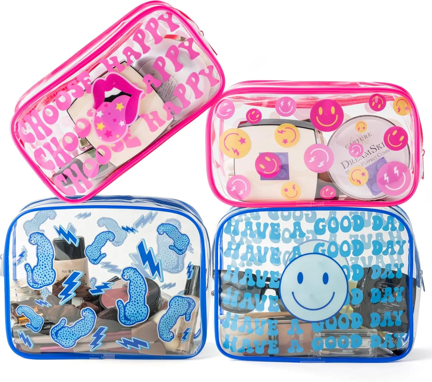 Preppy Pink Blue Clear Cosmetic Bags, 4Pcs Have A Good Day Happy Face Transparent PVC Makeup Bag, Waterproof Portable Toiletry Clutch Purse Zippered Pencil Case Travel Organizer for Women