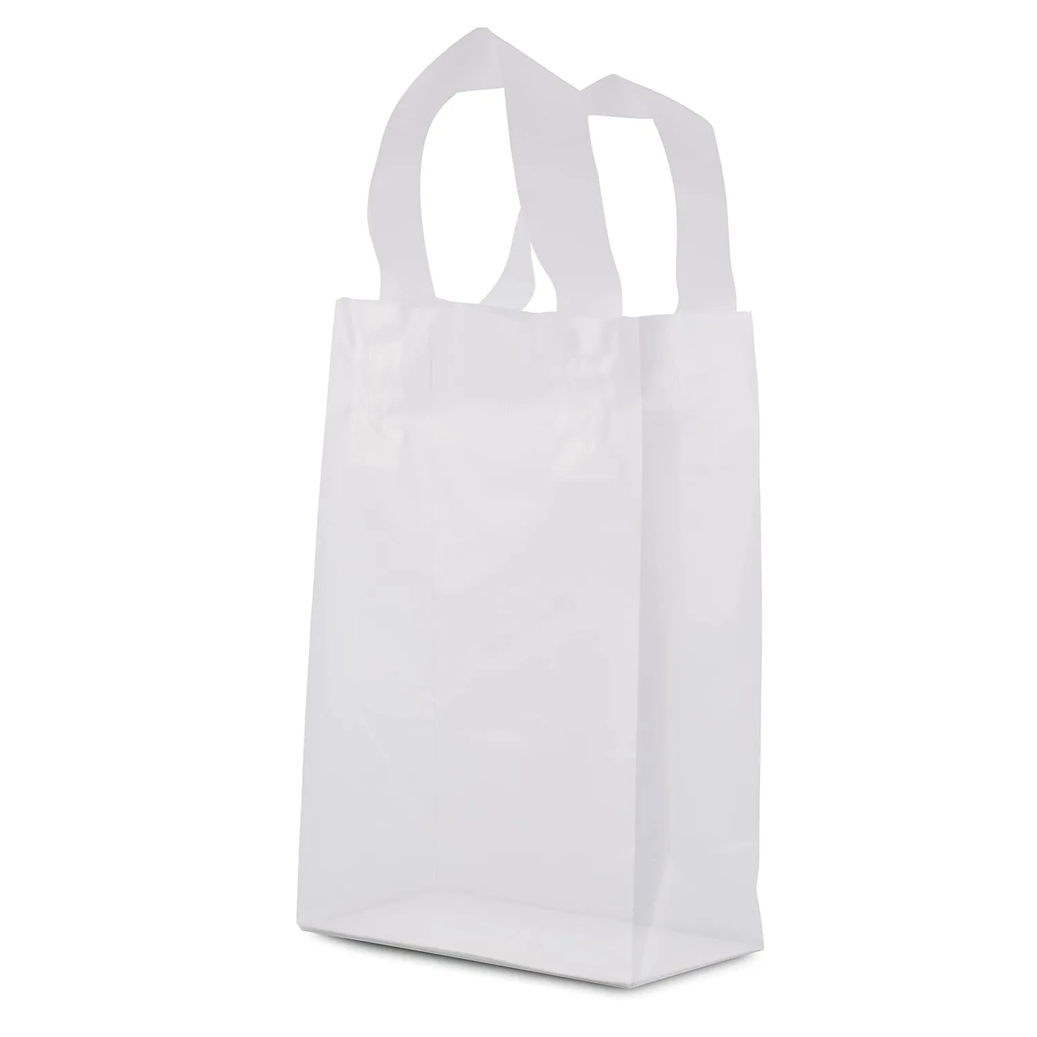 Prime Line Packaging Clear Gift Bags with Handles, Frosted White Plastic Shopping Totes for Small Business, Boutiques, Retail, Bulk, 6x3x9 50 Pack