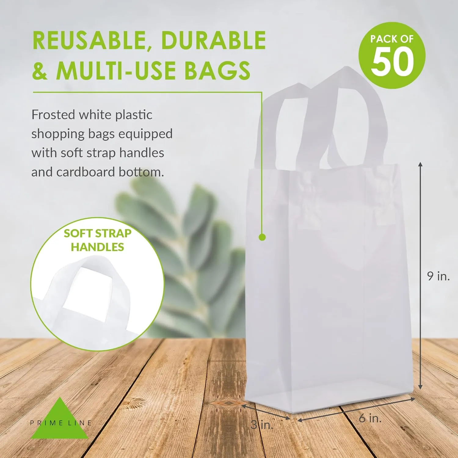 Prime Line Packaging Clear Gift Bags with Handles, Frosted White Plastic Shopping Totes for Small Business, Boutiques, Retail, Bulk, 6x3x9 50 Pack