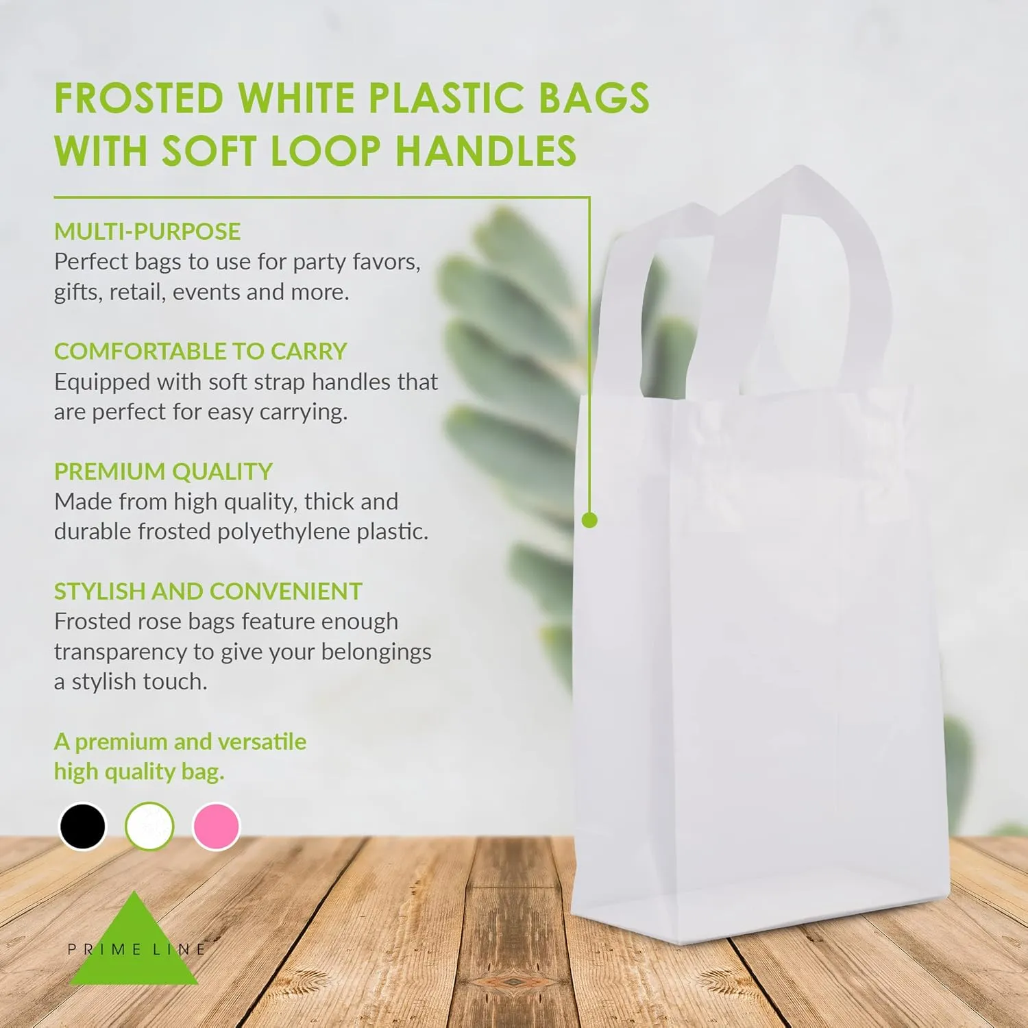 Prime Line Packaging Clear Gift Bags with Handles, Frosted White Plastic Shopping Totes for Small Business, Boutiques, Retail, Bulk, 6x3x9 50 Pack