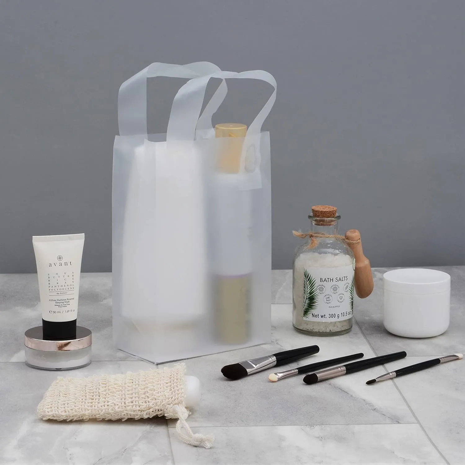 Prime Line Packaging Clear Gift Bags with Handles, Frosted White Plastic Shopping Totes for Small Business, Boutiques, Retail, Bulk, 6x3x9 50 Pack