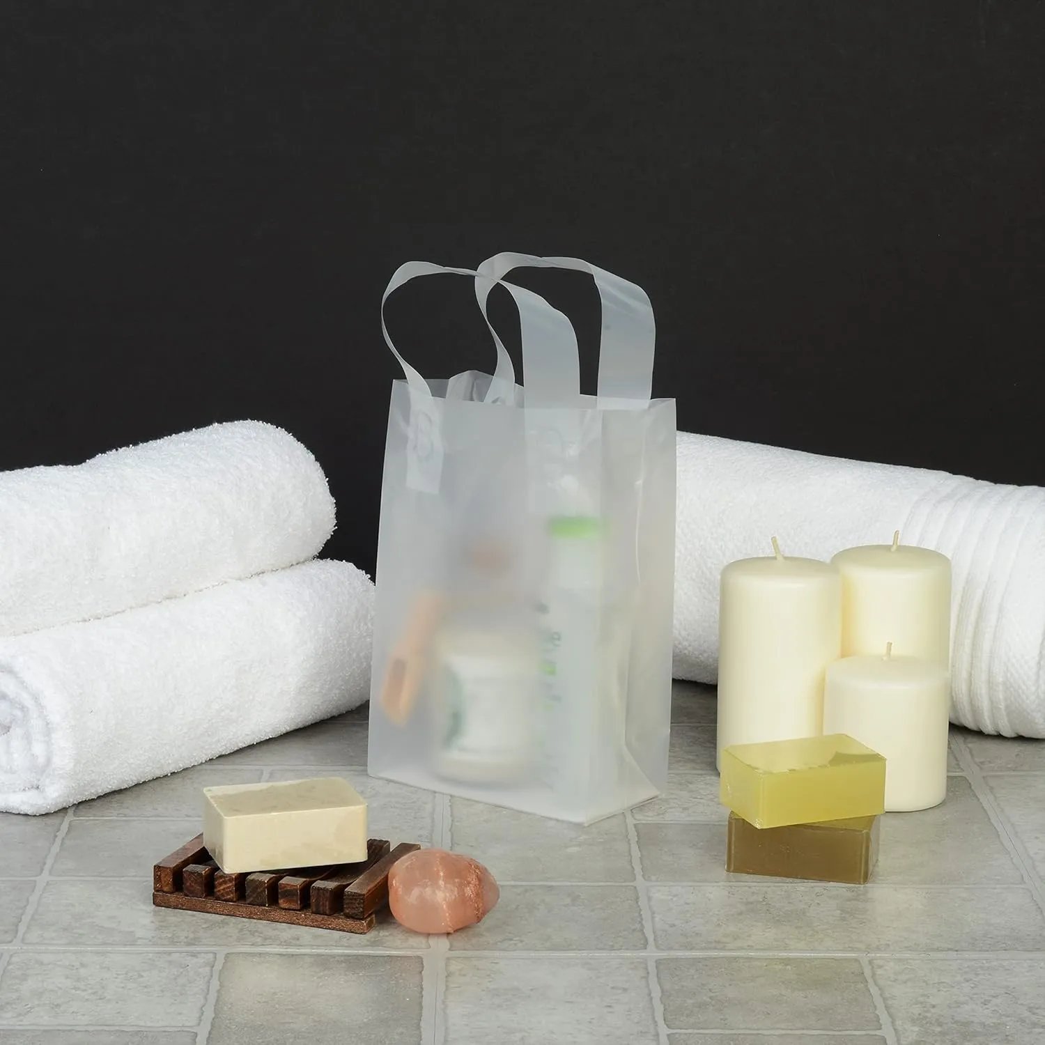 Prime Line Packaging Clear Gift Bags with Handles, Frosted White Plastic Shopping Totes for Small Business, Boutiques, Retail, Bulk, 6x3x9 50 Pack