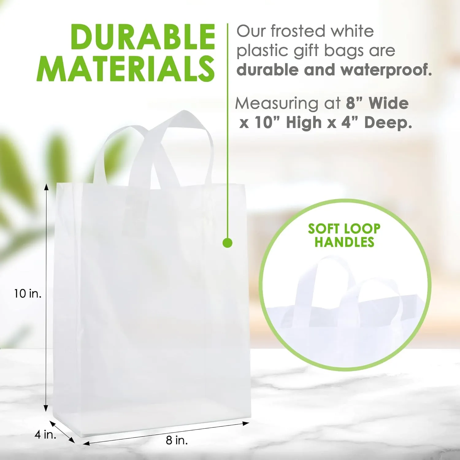 Prime Line Packaging Clear Plastic Bags with Handles for Small Business, Welcome Goodie, Frosted Gift Tote for Boutiques, Events, Bulk, 8x4x10 50 Pack