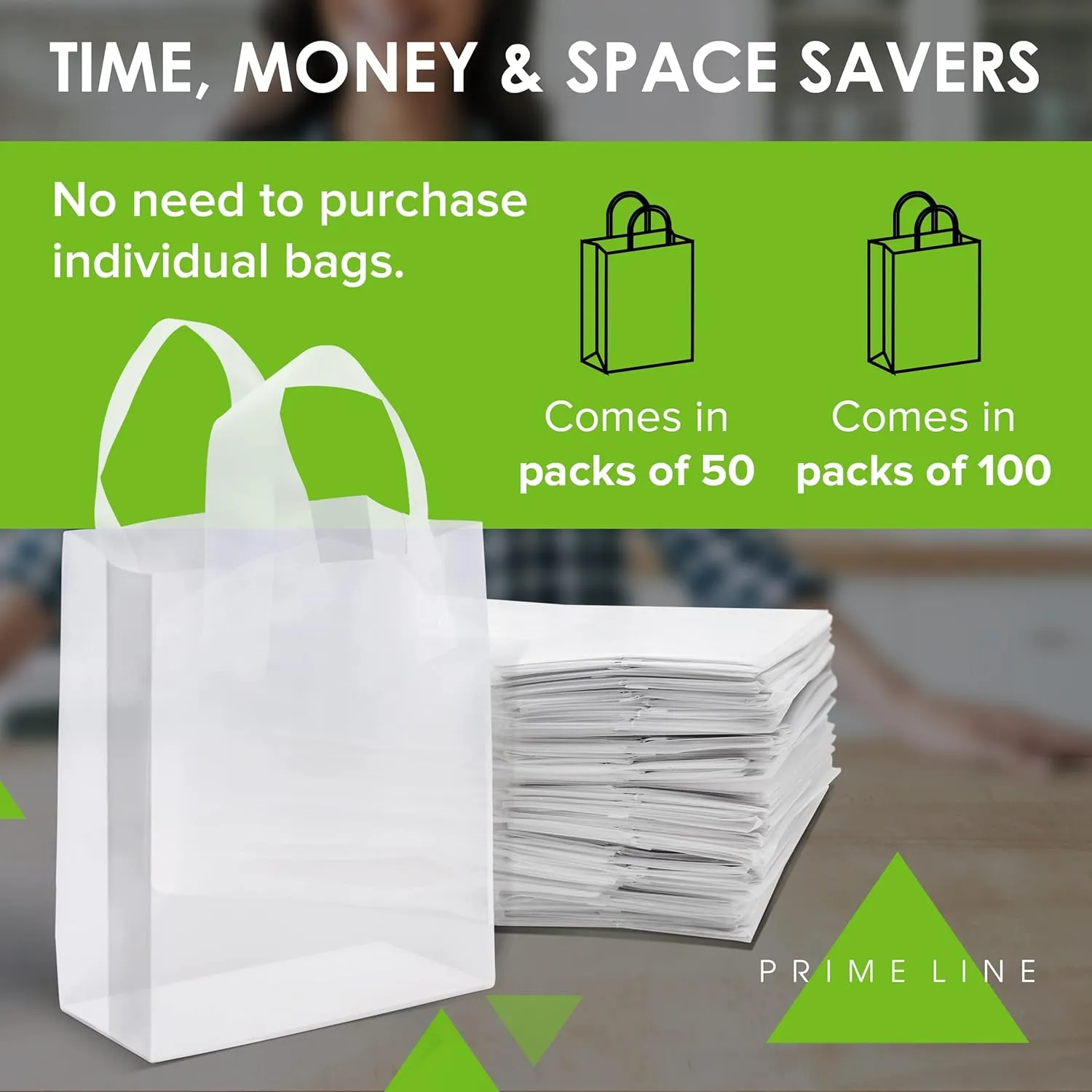 Prime Line Packaging Clear Plastic Bags with Handles for Small Business, Welcome Goodie, Frosted Gift Tote for Boutiques, Events, Bulk, 8x4x10 50 Pack