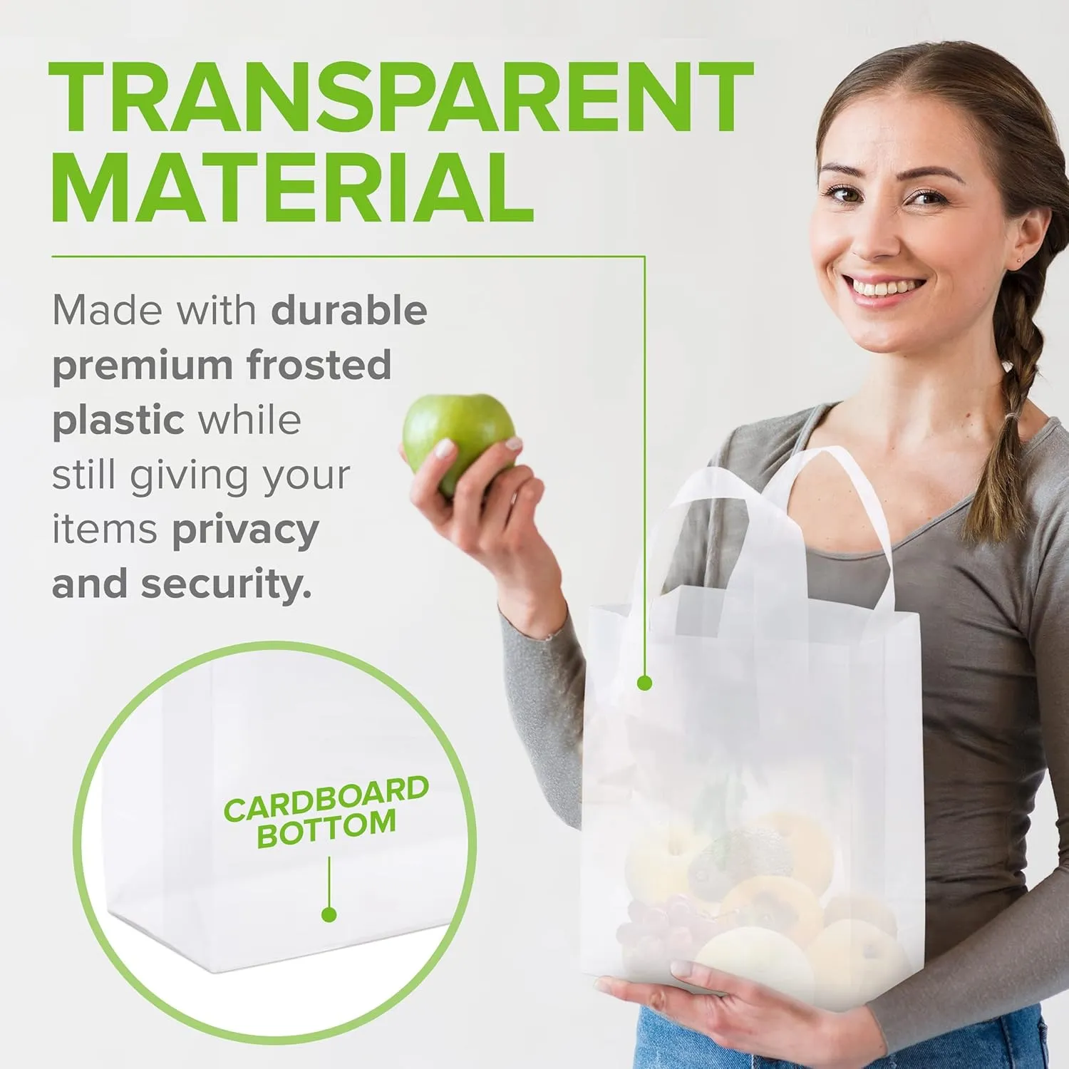 Prime Line Packaging Clear Plastic Bags with Handles for Small Business, Welcome Goodie, Frosted Gift Tote for Boutiques, Events, Bulk, 8x4x10 50 Pack