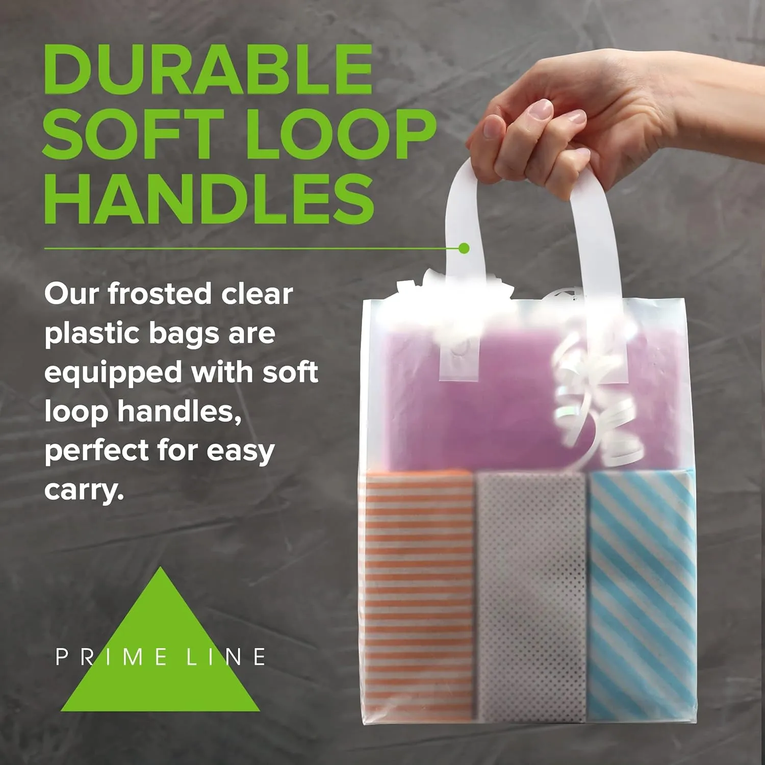 Prime Line Packaging Clear Plastic Bags with Handles for Small Business, Welcome Goodie, Frosted Gift Tote for Boutiques, Events, Bulk, 8x4x10 50 Pack
