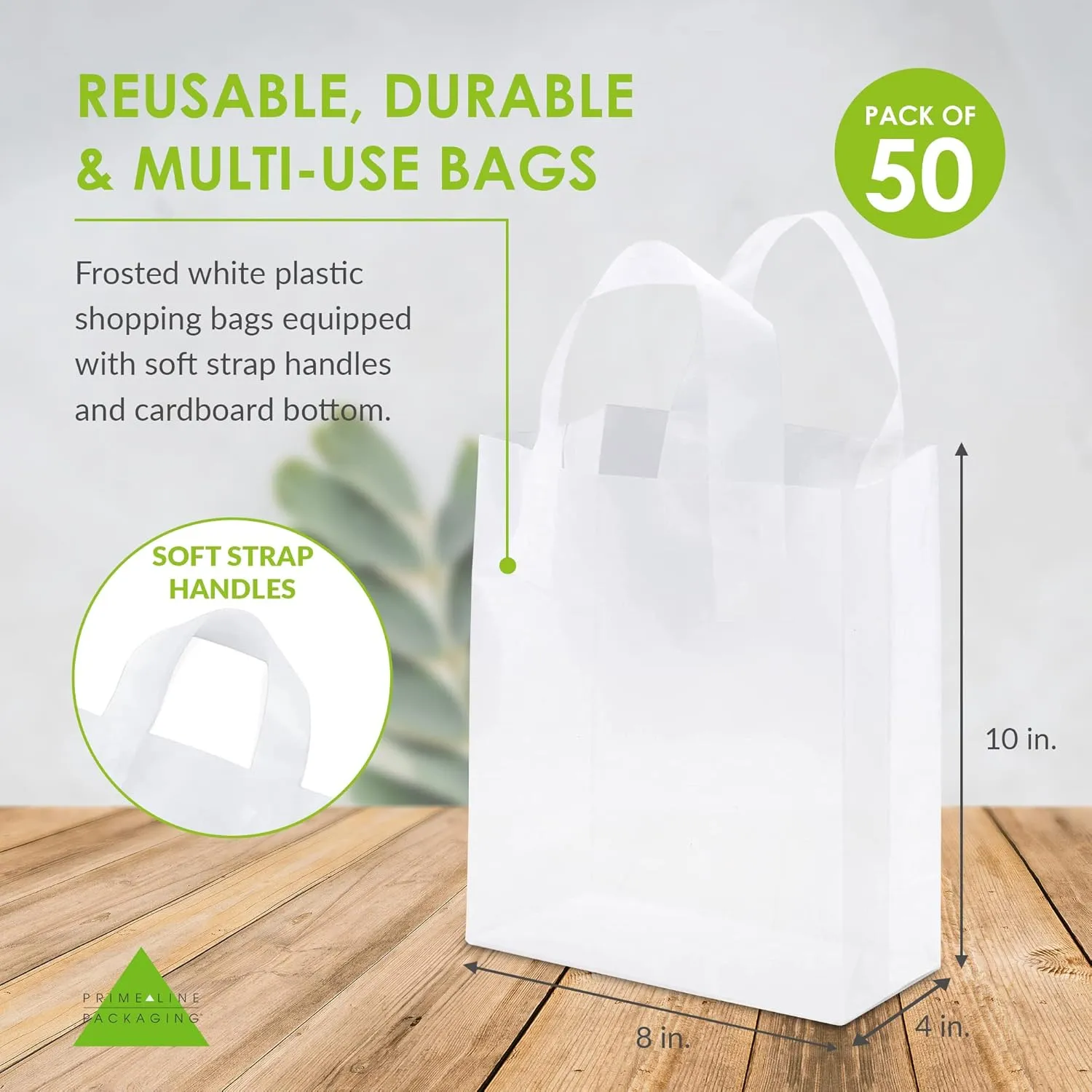 Prime Line Packaging Clear Plastic Bags with Handles for Small Business, Welcome Goodie, Frosted Gift Tote for Boutiques, Events, Bulk, 8x4x10 50 Pack