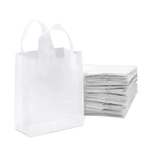 Prime Line Packaging Clear Plastic Bags with Handles for Small Business, Welcome Goodie, Frosted Gift Tote for Boutiques, Events, Bulk, 8x4x10 50 Pack