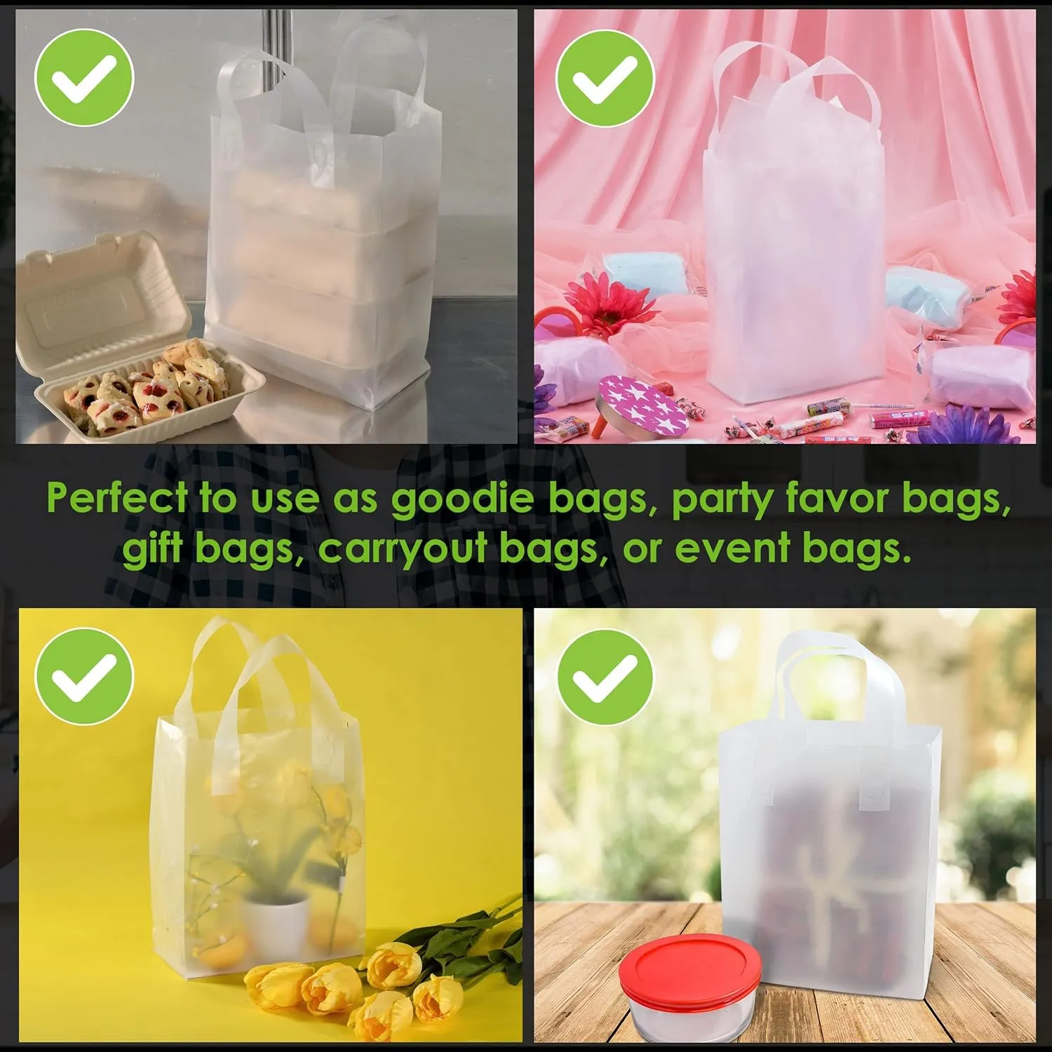 Prime Line Packaging Clear Plastic Bags with Handles for Small Business, Welcome Goodie, Frosted Gift Tote for Boutiques, Events, Bulk, 8x4x10 50 Pack