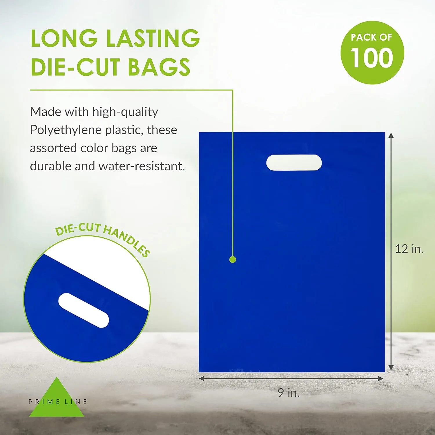 Prime Line Packaging Colored Plastic Gift Bags with Handles, 2 Mil Die Cut, for Party, Small Businesses, Merchandise, Goodie, Bulk - 9x12, 100 Pack