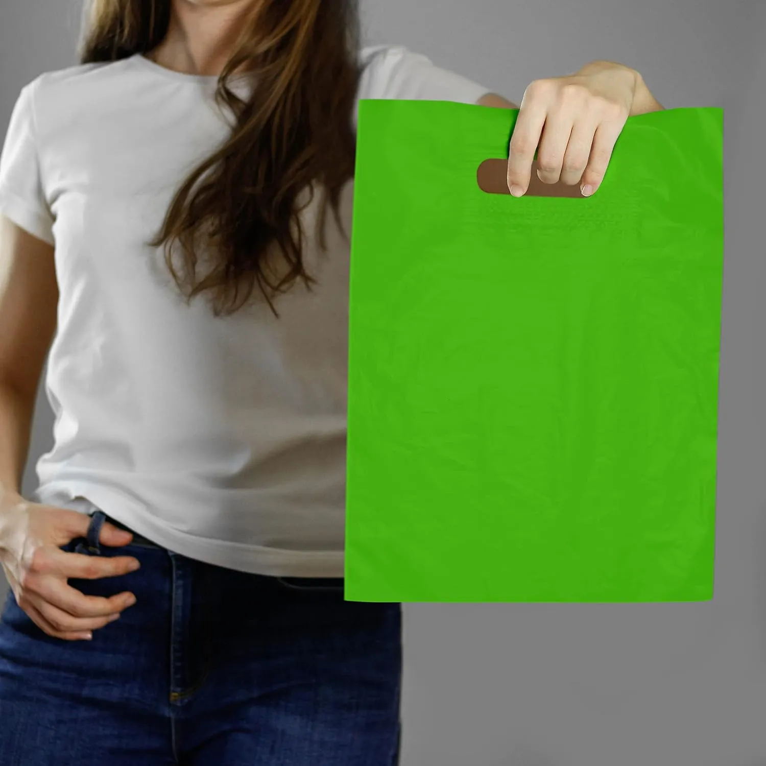 Prime Line Packaging Colored Plastic Gift Bags with Handles, 2 Mil Die Cut, for Party, Small Businesses, Merchandise, Goodie, Bulk - 9x12, 100 Pack
