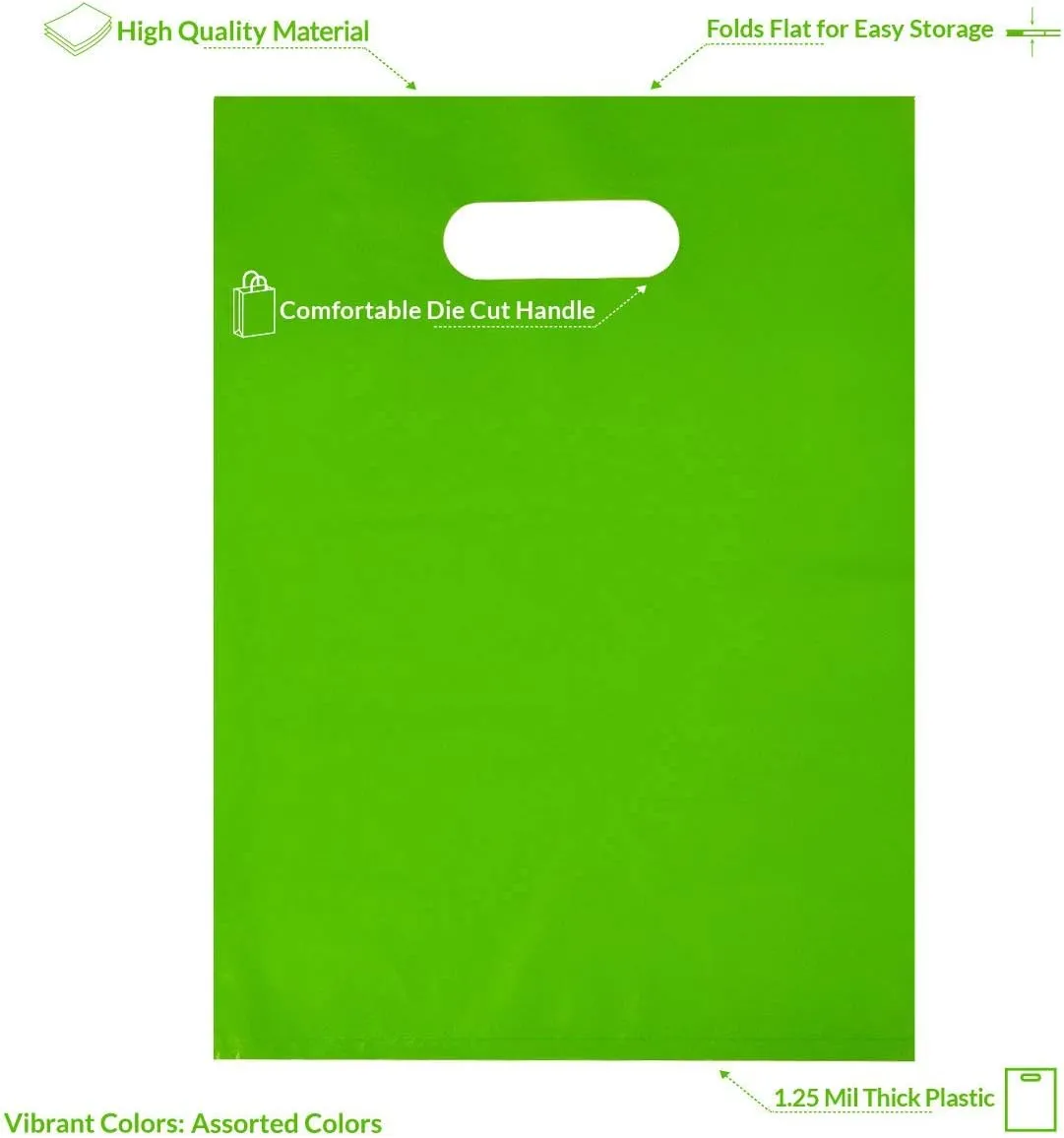 Prime Line Packaging Colored Plastic Gift Bags with Handles, 2 Mil Die Cut, for Retail, Small Businesses, Merchandise, Favors, Bulk - 9x12, 50 Pack