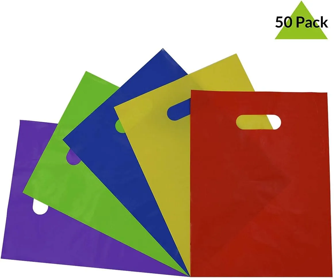 Prime Line Packaging Colored Plastic Gift Bags with Handles, 2 Mil Die Cut, for Retail, Small Businesses, Merchandise, Favors, Bulk - 9x12, 50 Pack
