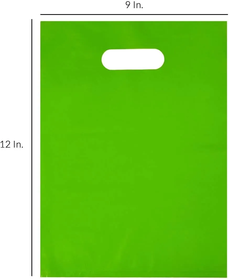 Prime Line Packaging Colored Plastic Gift Bags with Handles, 2 Mil Die Cut, for Retail, Small Businesses, Merchandise, Favors, Bulk - 9x12, 50 Pack
