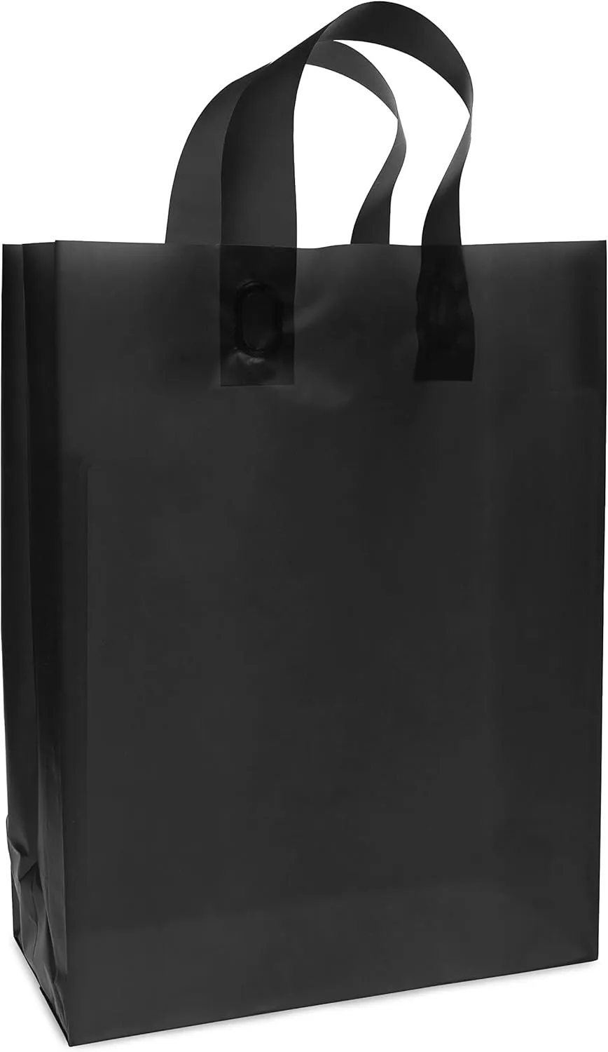 Prime Line Packaging Plastic Gift Bags with Handles, Medium Shopping Tote for Small Business, Boutiques, Reusable, Black Frosted, 10x5x13 100 Pack