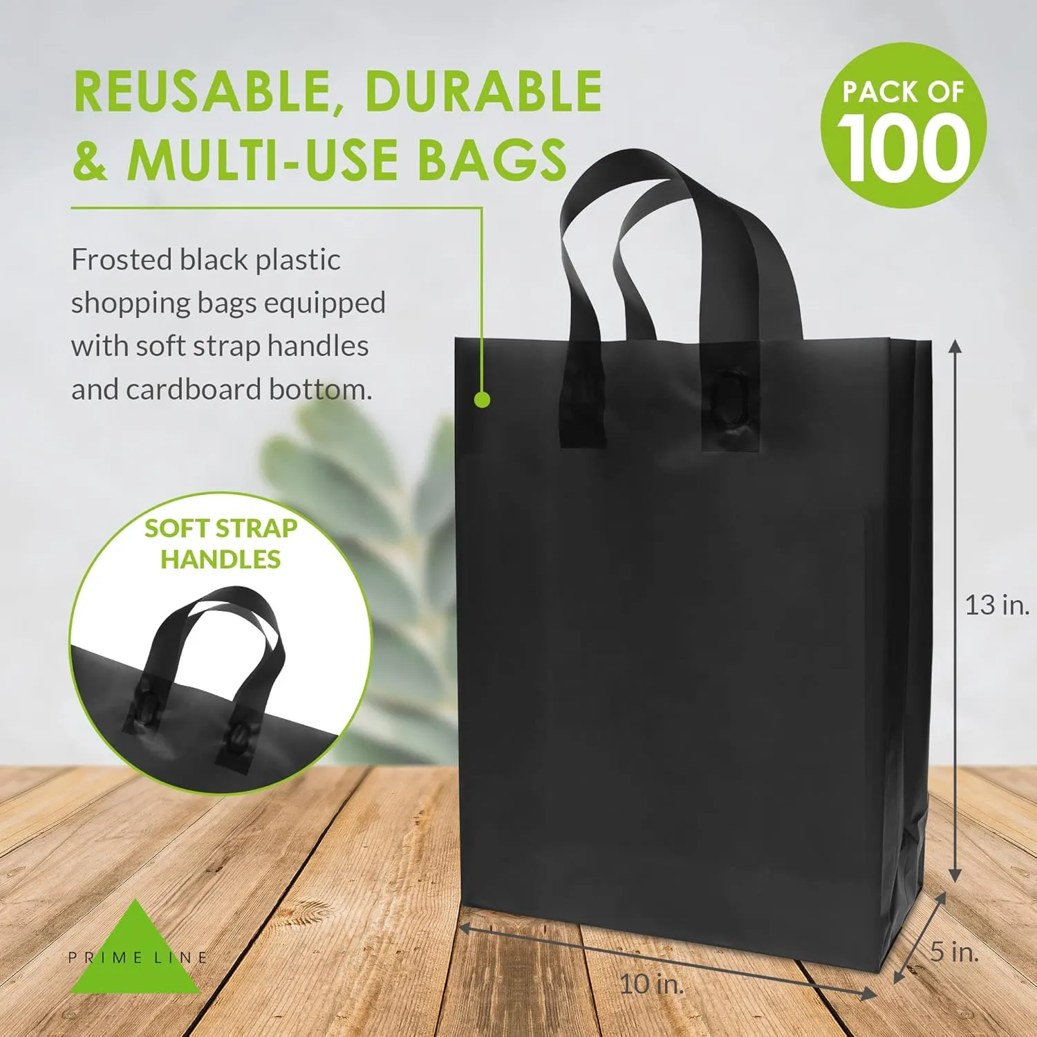 Prime Line Packaging Plastic Gift Bags with Handles, Medium Shopping Tote for Small Business, Boutiques, Reusable, Black Frosted, 10x5x13 100 Pack