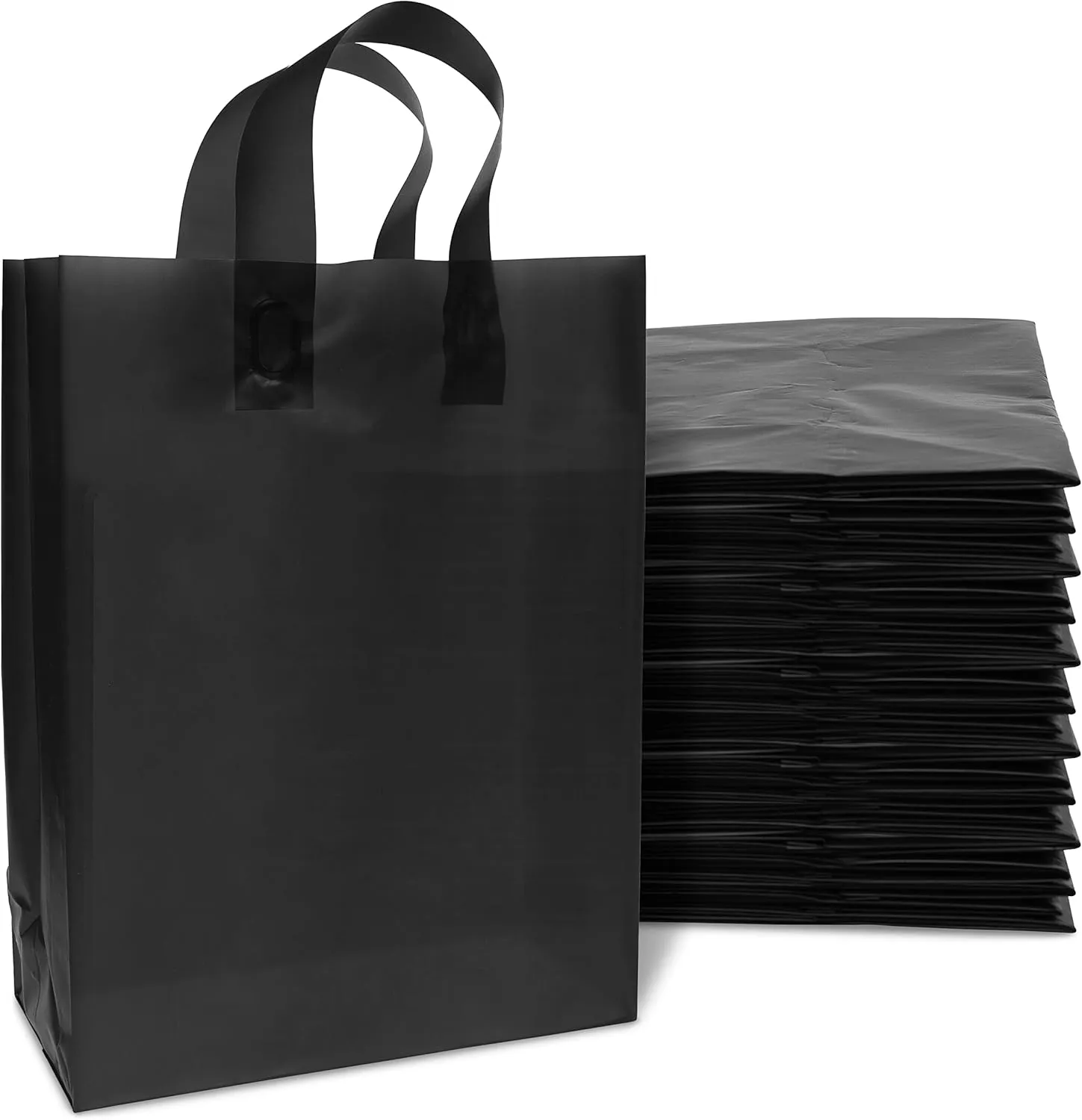 Prime Line Packaging Plastic Gift Bags with Handles, Medium Shopping Tote for Small Business, Boutiques, Reusable, Black Frosted, 10x5x13 100 Pack