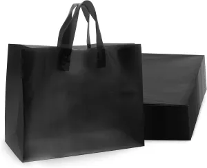 Prime Line Packaging Plastic Shopping Bags with Handles for Small Business, Black Frosted Tote, Merchandise, Retail, Boutiques, Bulk 16x6x12 50 Pack