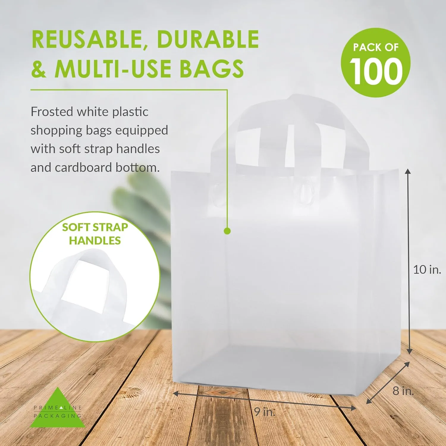 Prime Line Packaging White Plastic Bags with Handles, Small Frosted Bags for Boutique, Shopping, Business, Retail, Takeout Use, Bulk, 9x8x10, 100 Pack