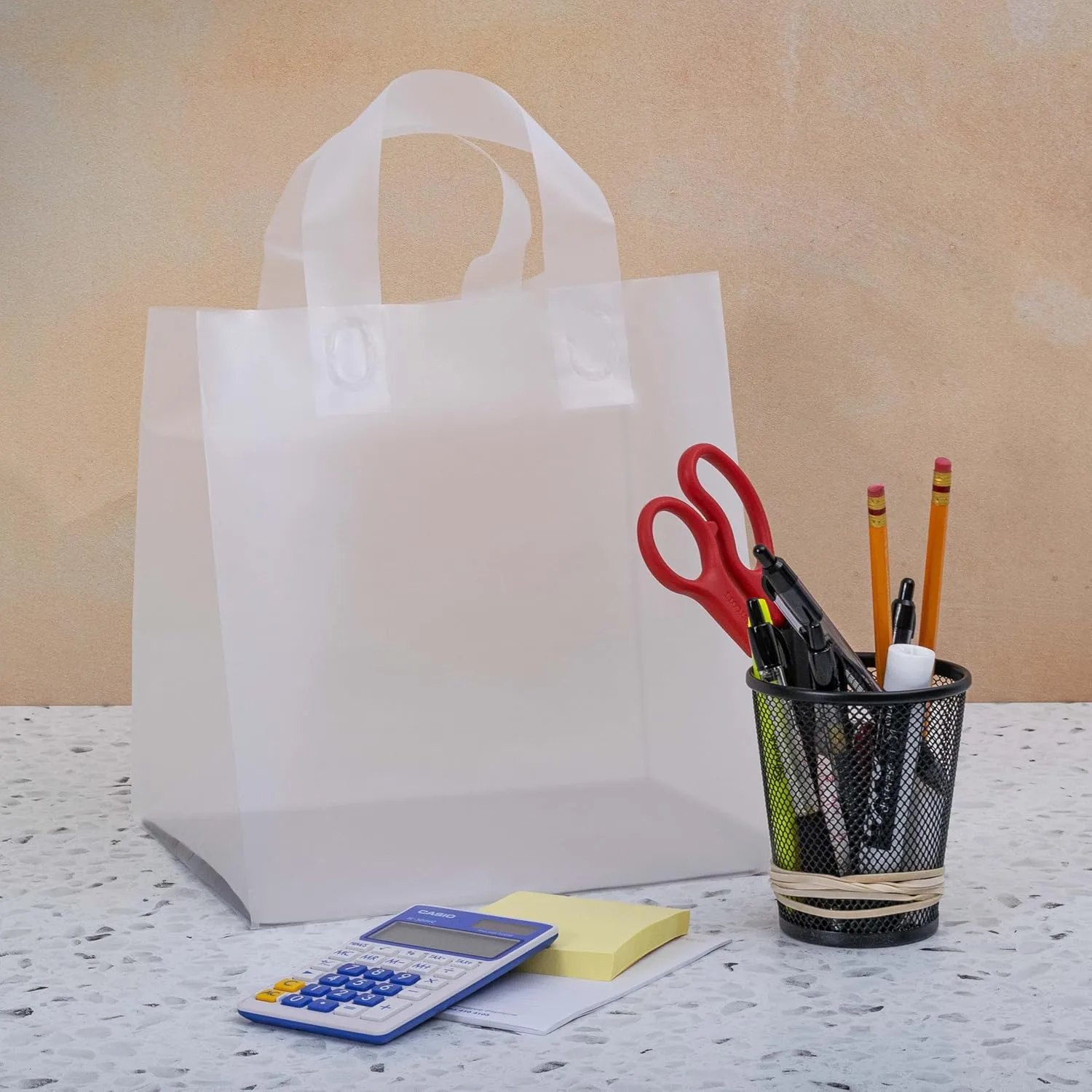 Prime Line Packaging White Plastic Bags with Handles, Small Frosted Bags for Boutique, Shopping, Business, Retail, Takeout Use, Bulk, 9x8x10, 100 Pack