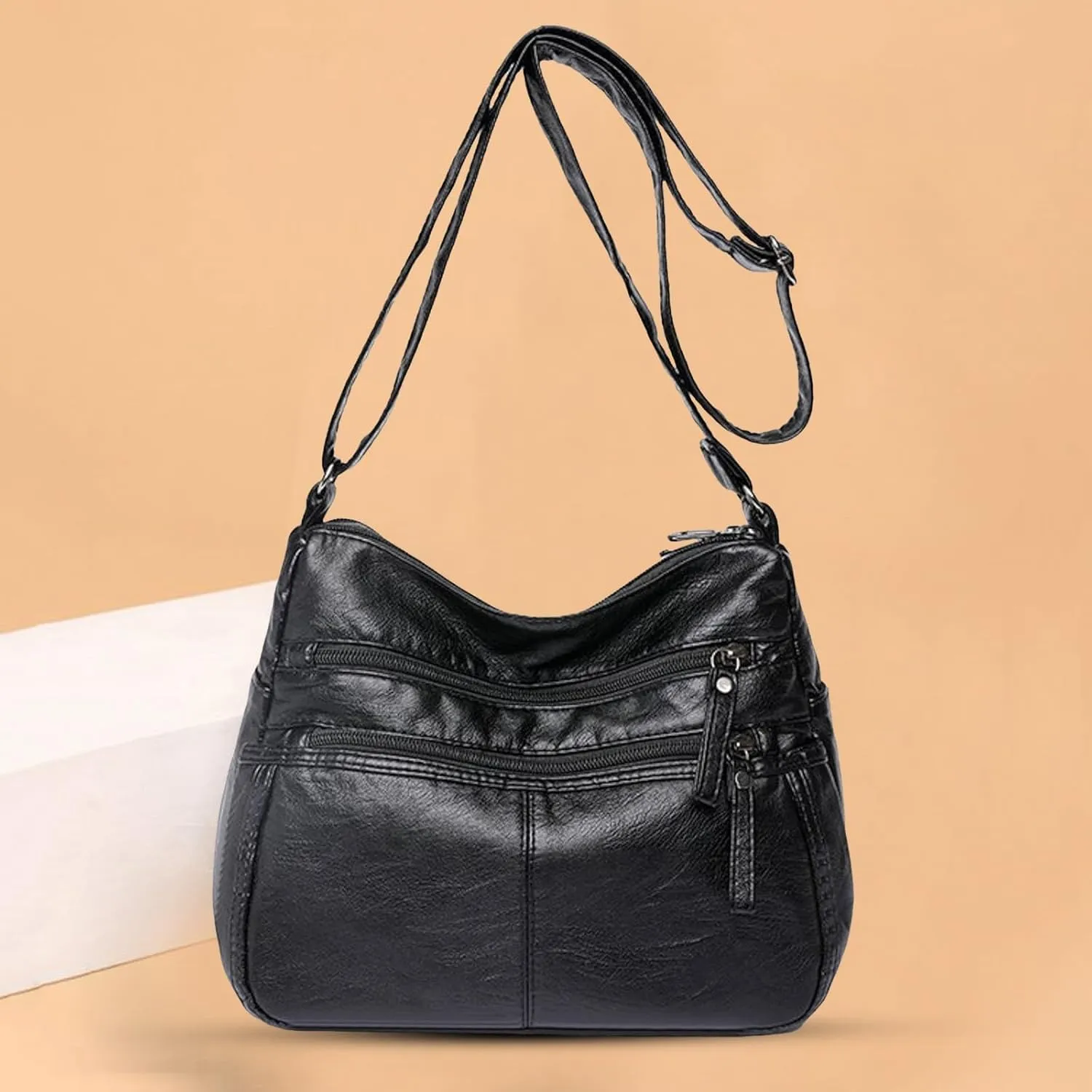 Pu Leather Tote Fashion Casual Women's Retro Soft Leather Zipper Double Pocket Shoulder Messenger Bag