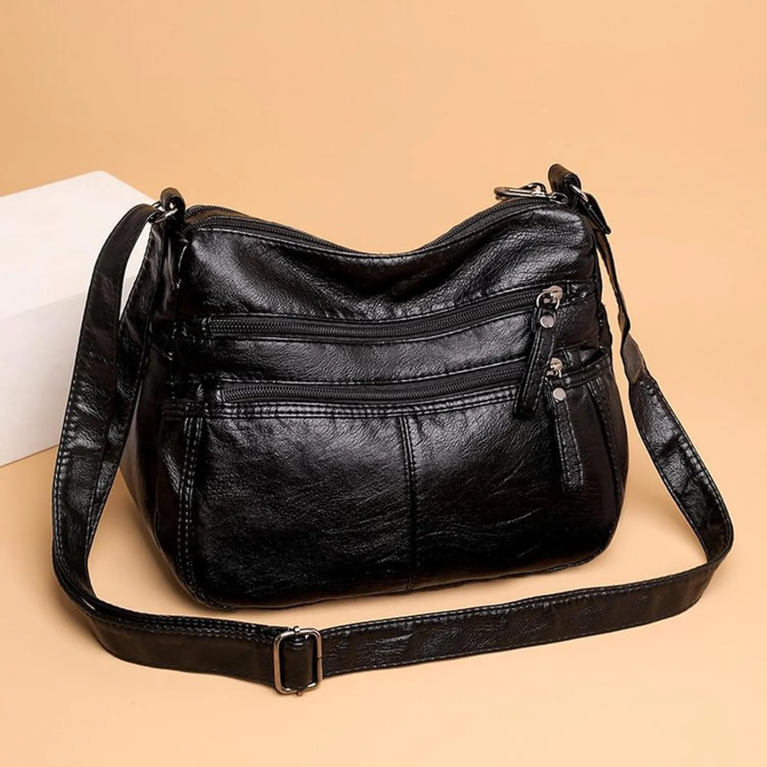 Pu Leather Tote Fashion Casual Women's Retro Soft Leather Zipper Double Pocket Shoulder Messenger Bag
