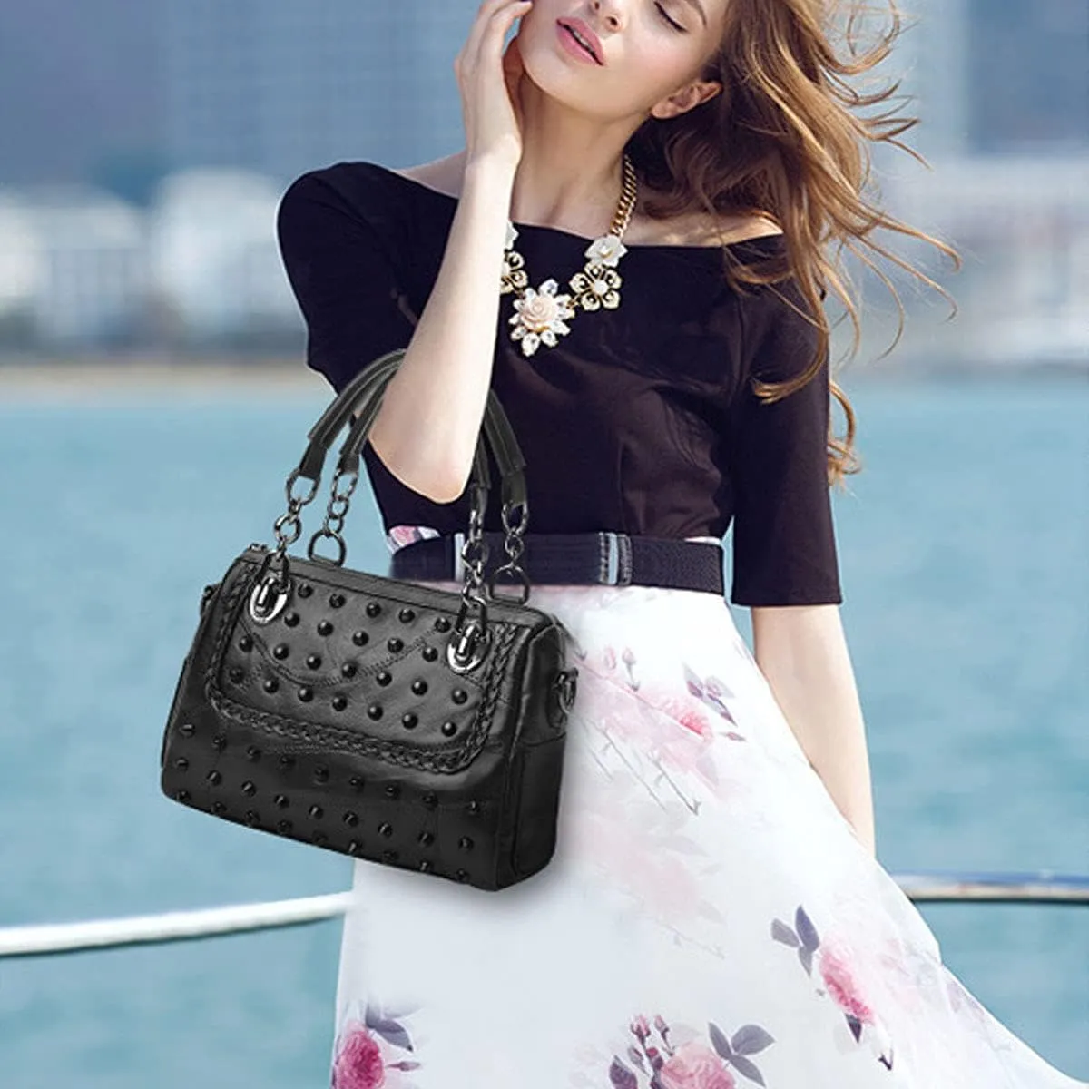 Purses and Handbags for Women Crossbody Bags Rivet Satchels PU Leather Shoulder Bags Retro Top-Handle Bags Totes