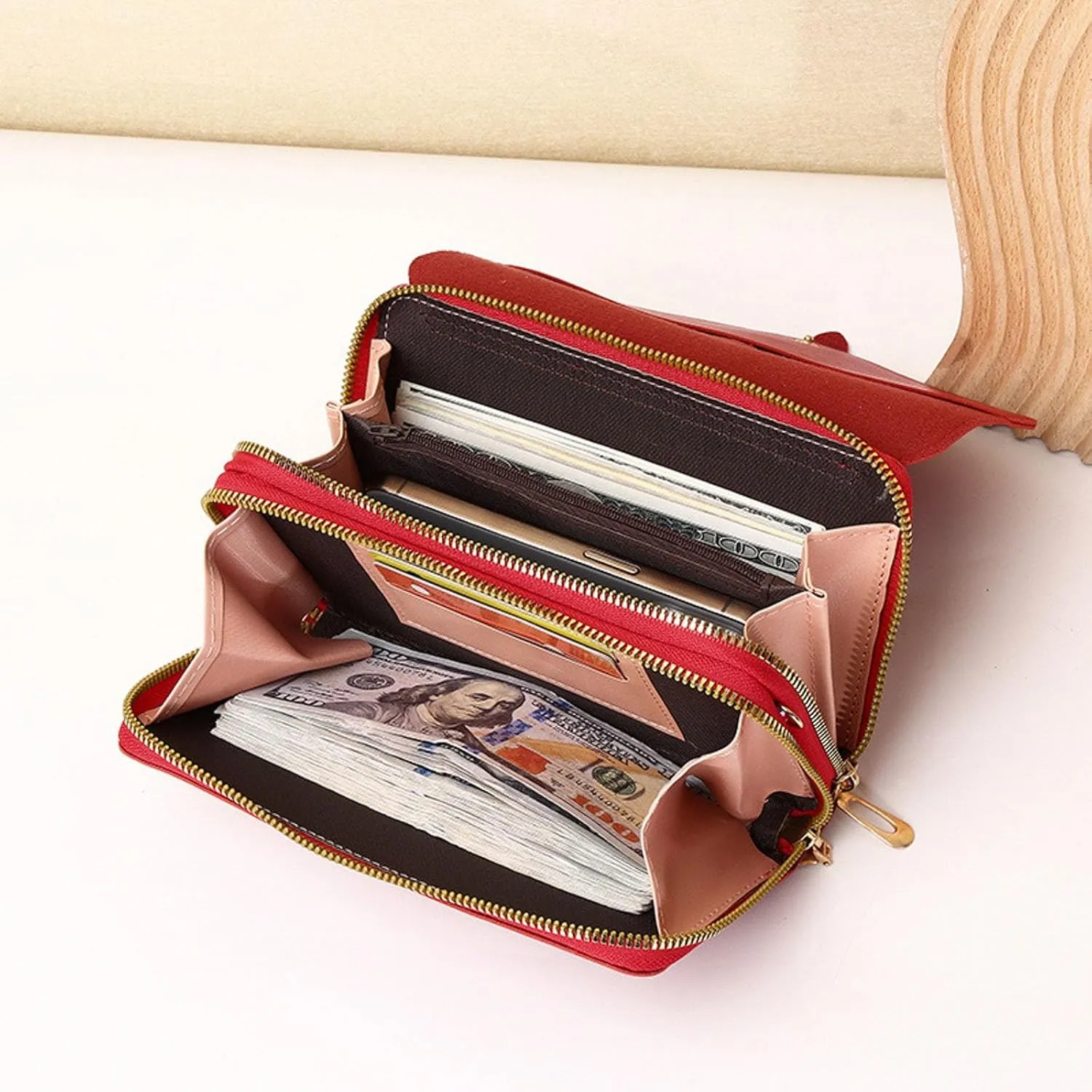 Purses for Women Mobile Phone Bag Button Hood One Shoulder Double Layer Wallet Crossbody Bag