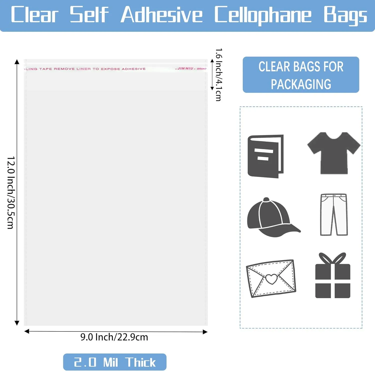 QOIUSO 9x12 Inch Self-Sealing Clear Plastic Shipping Bags for Clothes, 100 Pack OPP Poly Cellophane Packaging Bags with Reinforced Edges for Small Business Garment Storage & Mailing