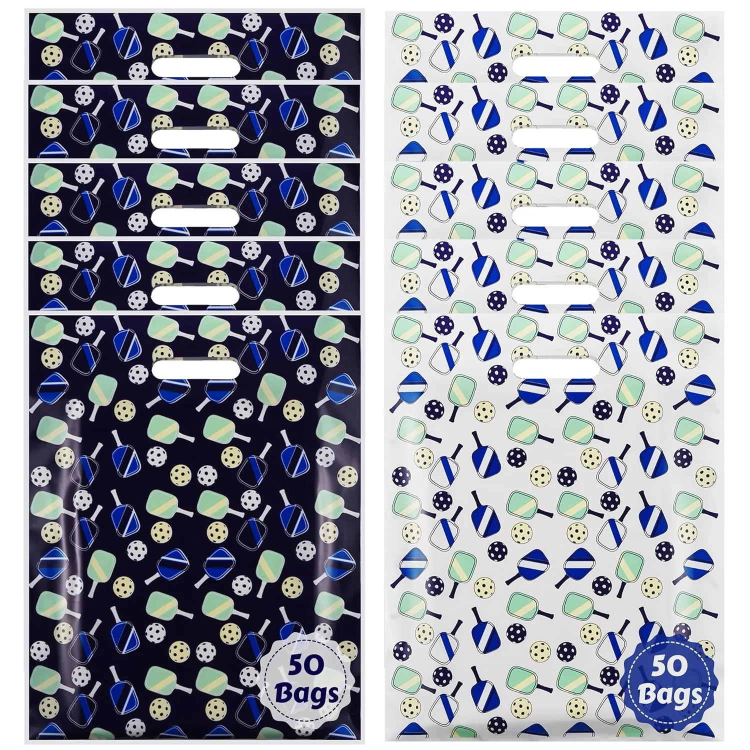 Rainbows & Lilies 100 Pickleball Gift Bags with Handles -12x15 Plastic Bulk Reusable Shopping Bags for Small Business, Retail, Tournaments, Events, Merchandise, Swag, Party Favors (50 White/50 Blue)