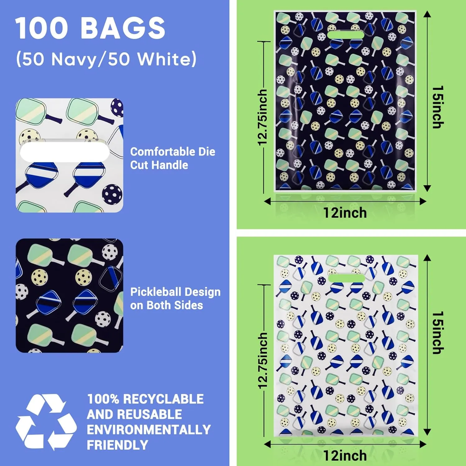 Rainbows & Lilies 100 Pickleball Gift Bags with Handles -12x15 Plastic Bulk Reusable Shopping Bags for Small Business, Retail, Tournaments, Events, Merchandise, Swag, Party Favors (50 White/50 Blue)