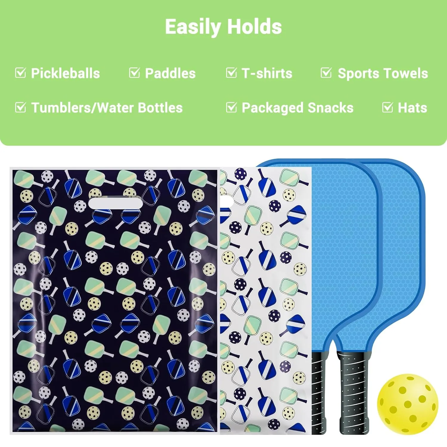 Rainbows & Lilies 100 Pickleball Gift Bags with Handles -12x15 Plastic Bulk Reusable Shopping Bags for Small Business, Retail, Tournaments, Events, Merchandise, Swag, Party Favors (50 White/50 Blue)