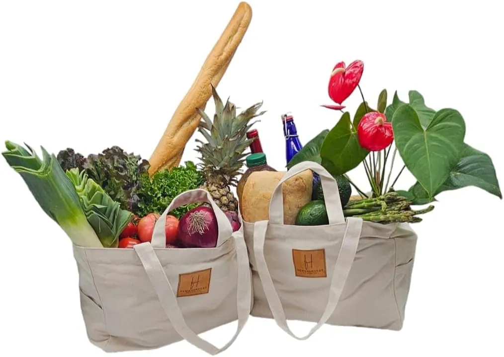 Reusable grocery bags (set of 2) Made from soft, heavy-duty canvas, these large totes are eco-friendly, foldable, and perfect utility shopping bags. Featuring durable handles and extra storage pockets
