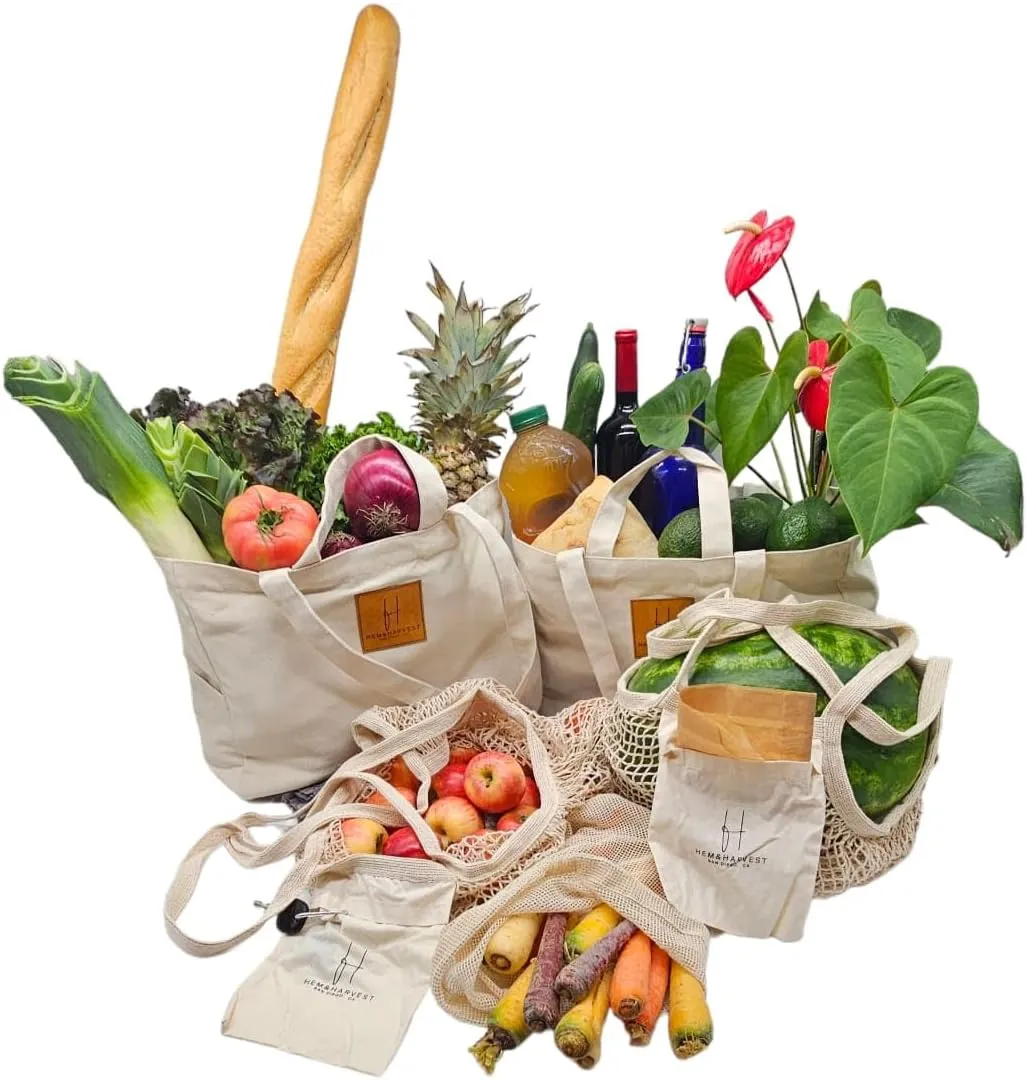 Reusable grocery bags (set of 5) Made from soft, heavy-duty canvas, these large totes are eco-friendly, foldable, and perfect utility shopping bags. Featuring durable handles and extra storage pockets