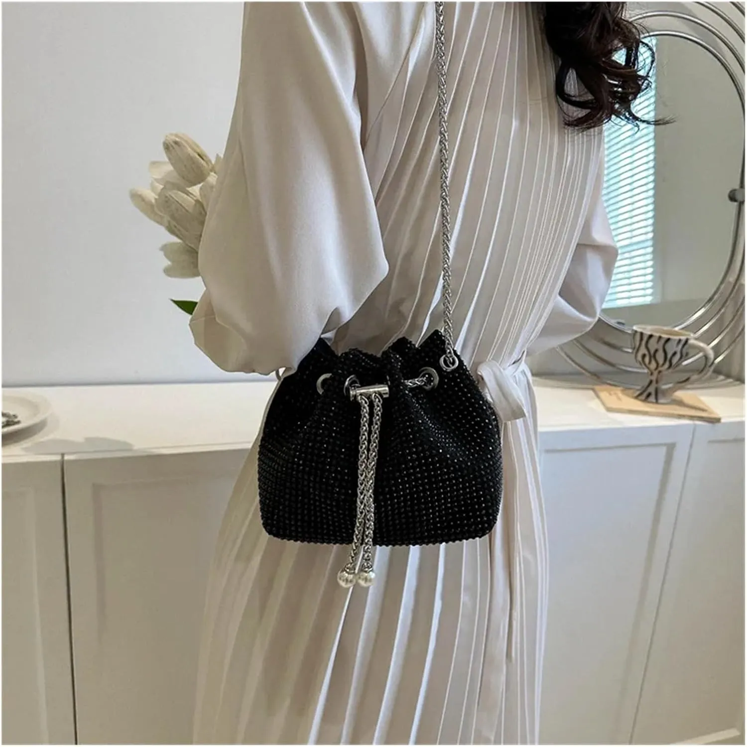 Rhinestone Bags Women Rhinestone Bucket Bags Retro Pearl Chain Ladies Shoulder Bags(Black)