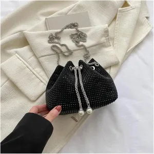 Rhinestone Bags Women Rhinestone Bucket Bags Retro Pearl Chain Ladies Shoulder Bags(Black)