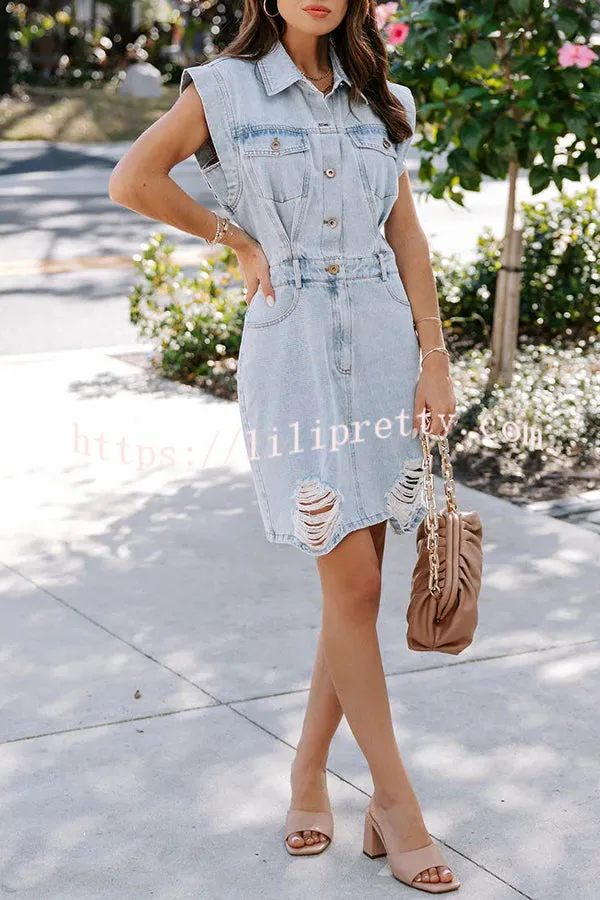 Rockefeller Ripped Pocket Single Breasted Denim Mini Dress
