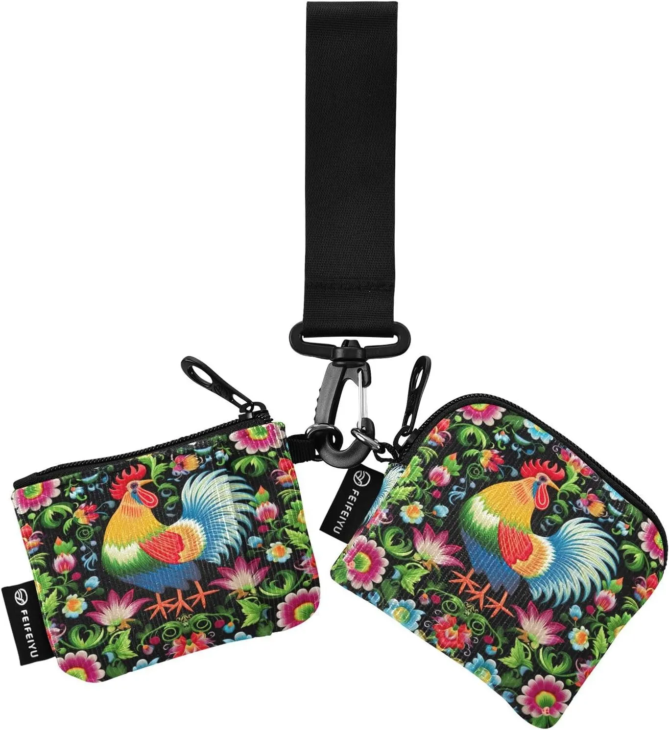 Rooster Flower Zip Around Wristlet Wallet for Women Portable Detachable Dual Pocket Keychain Wallet Wrist Wallet