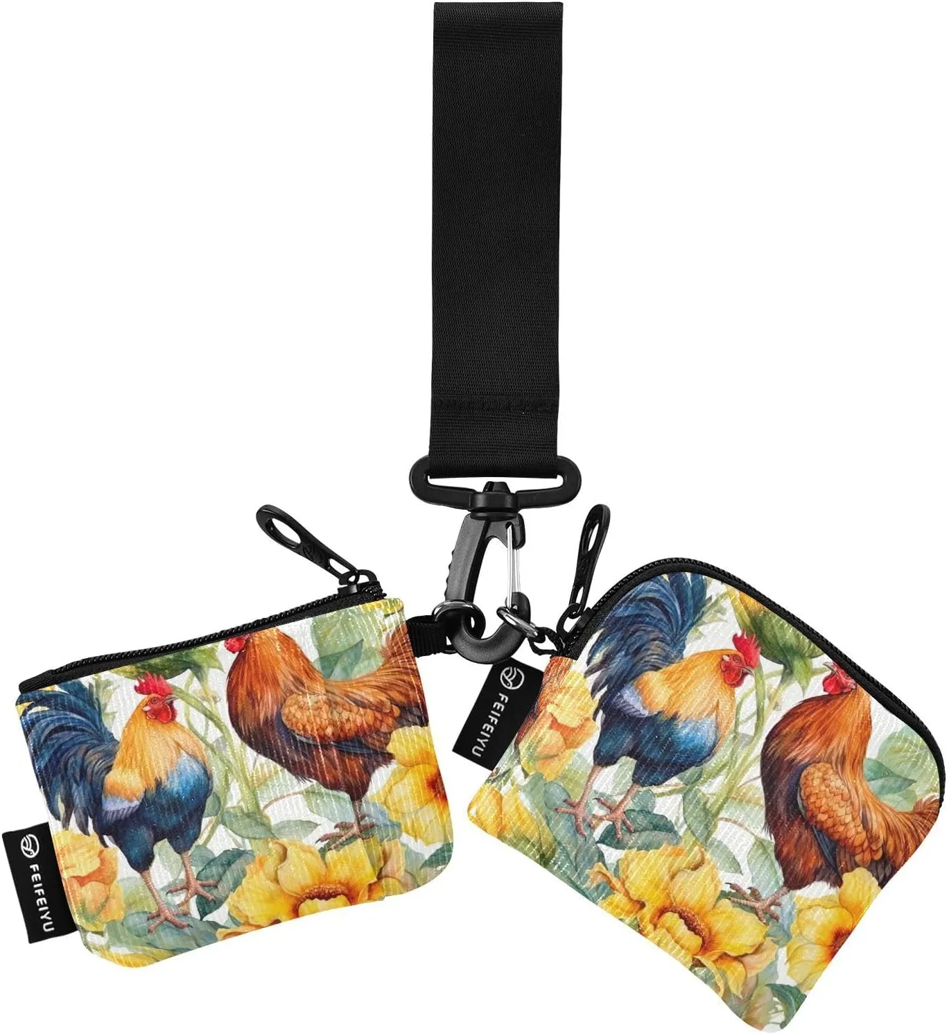 Rooster Sunflower Zip Around Wristlet Wallet for Women Portable Detachable Dual Pocket Keychain Wallet Wrist Wallet