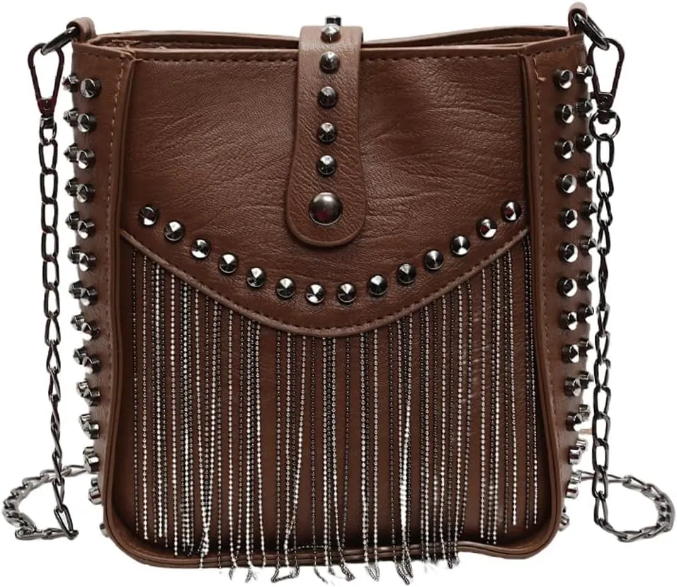 Rungion Trendy Small Purse for Women Vegan Leather Shoulder Crossbody Bag with Chain Y2k Tassel Rivet Handbag Satchels