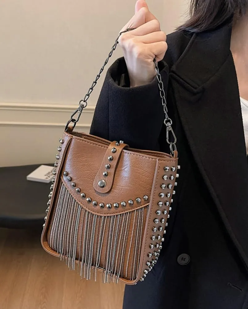 Rungion Trendy Small Purse for Women Vegan Leather Shoulder Crossbody Bag with Chain Y2k Tassel Rivet Handbag Satchels