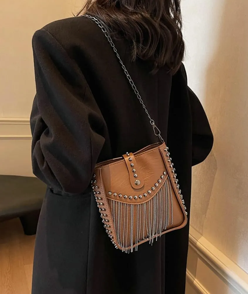 Rungion Trendy Small Purse for Women Vegan Leather Shoulder Crossbody Bag with Chain Y2k Tassel Rivet Handbag Satchels