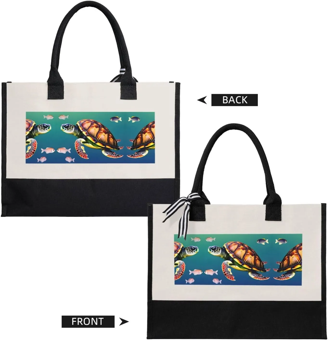 Sea Turtle With Fishes Christmas Tote Bags With Handles Canvas Reusable Gift Bag For Women Shopping Holiday Travel