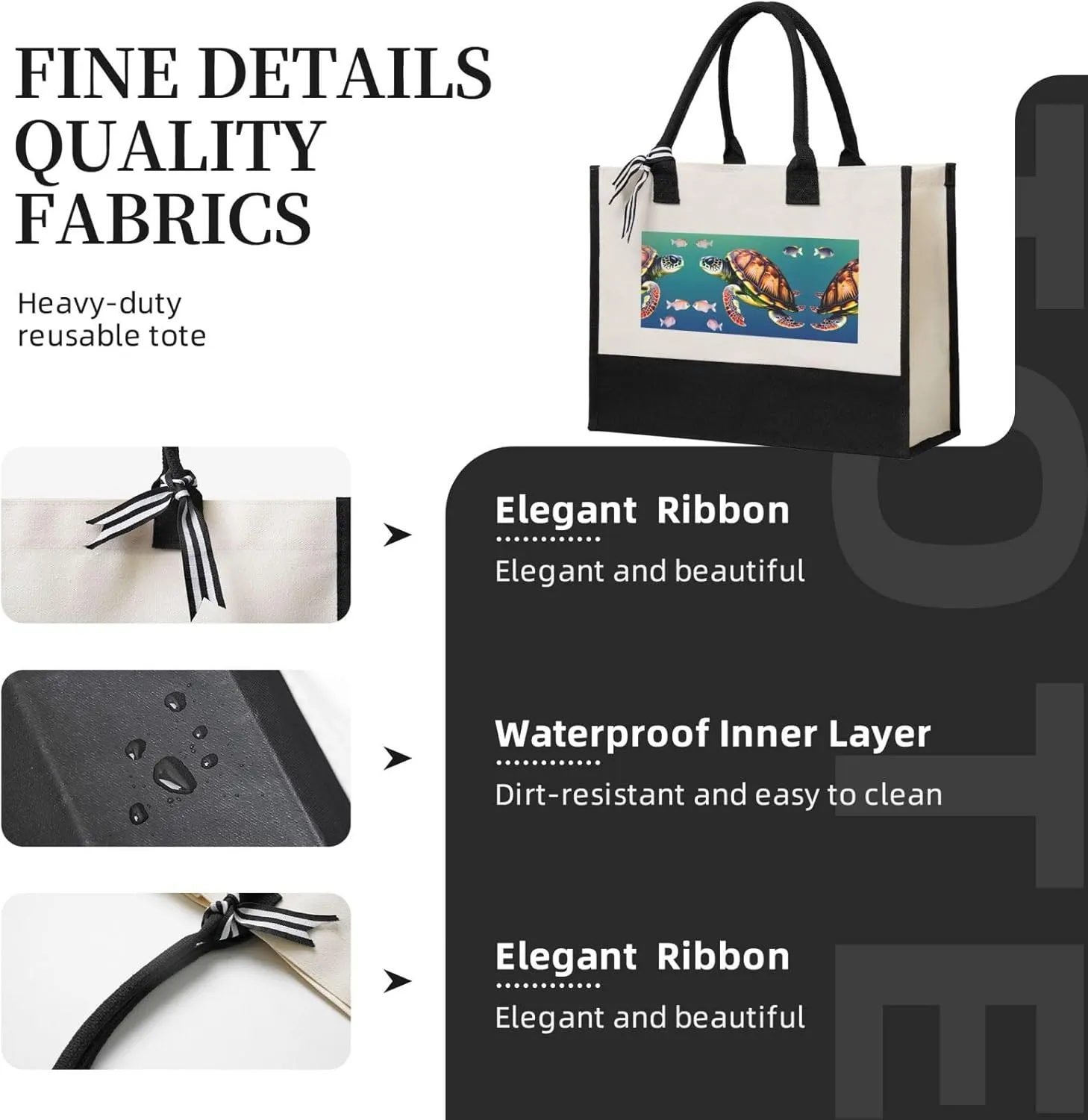 Sea Turtle With Fishes Christmas Tote Bags With Handles Canvas Reusable Gift Bag For Women Shopping Holiday Travel