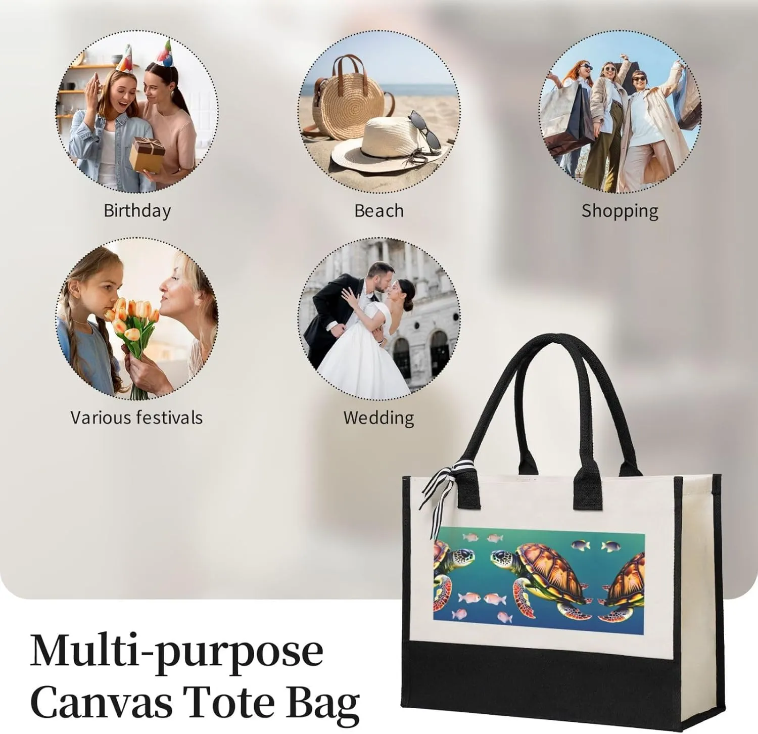 Sea Turtle With Fishes Christmas Tote Bags With Handles Canvas Reusable Gift Bag For Women Shopping Holiday Travel