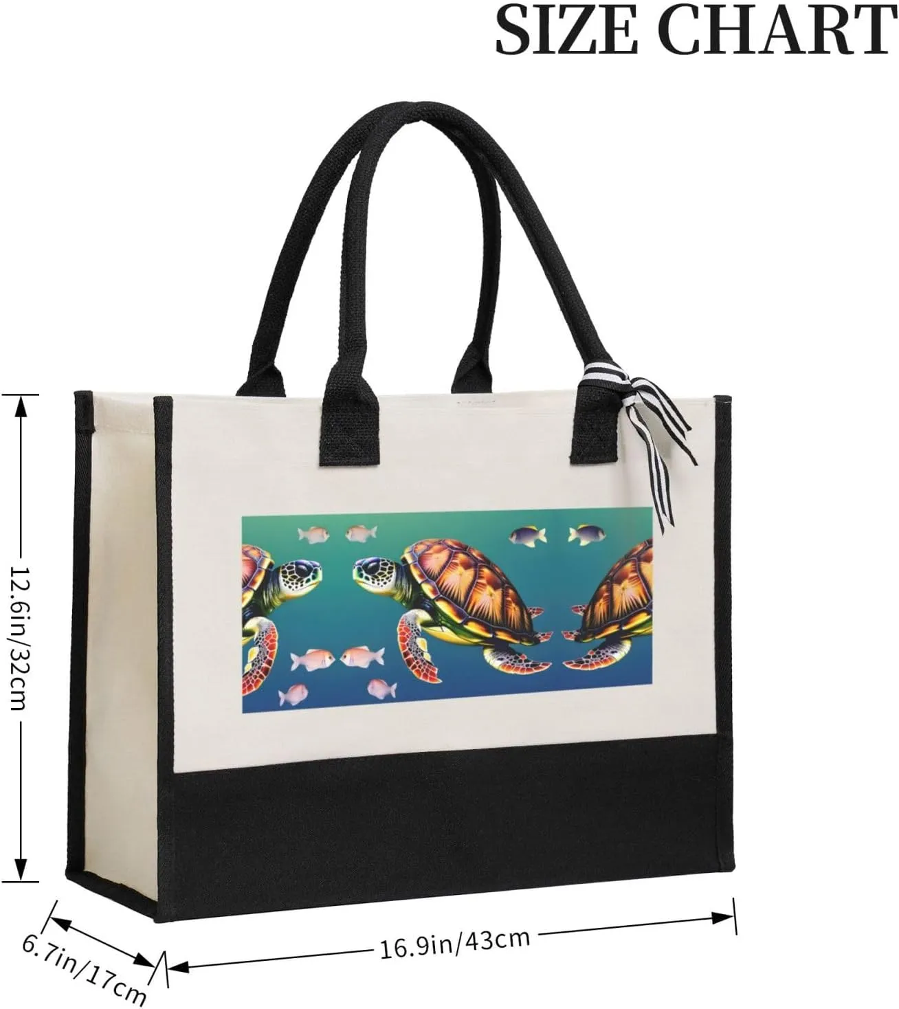 Sea Turtle With Fishes Christmas Tote Bags With Handles Canvas Reusable Gift Bag For Women Shopping Holiday Travel