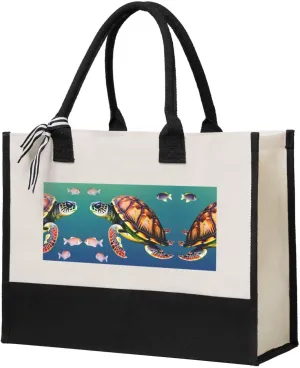 Sea Turtle With Fishes Christmas Tote Bags With Handles Canvas Reusable Gift Bag For Women Shopping Holiday Travel
