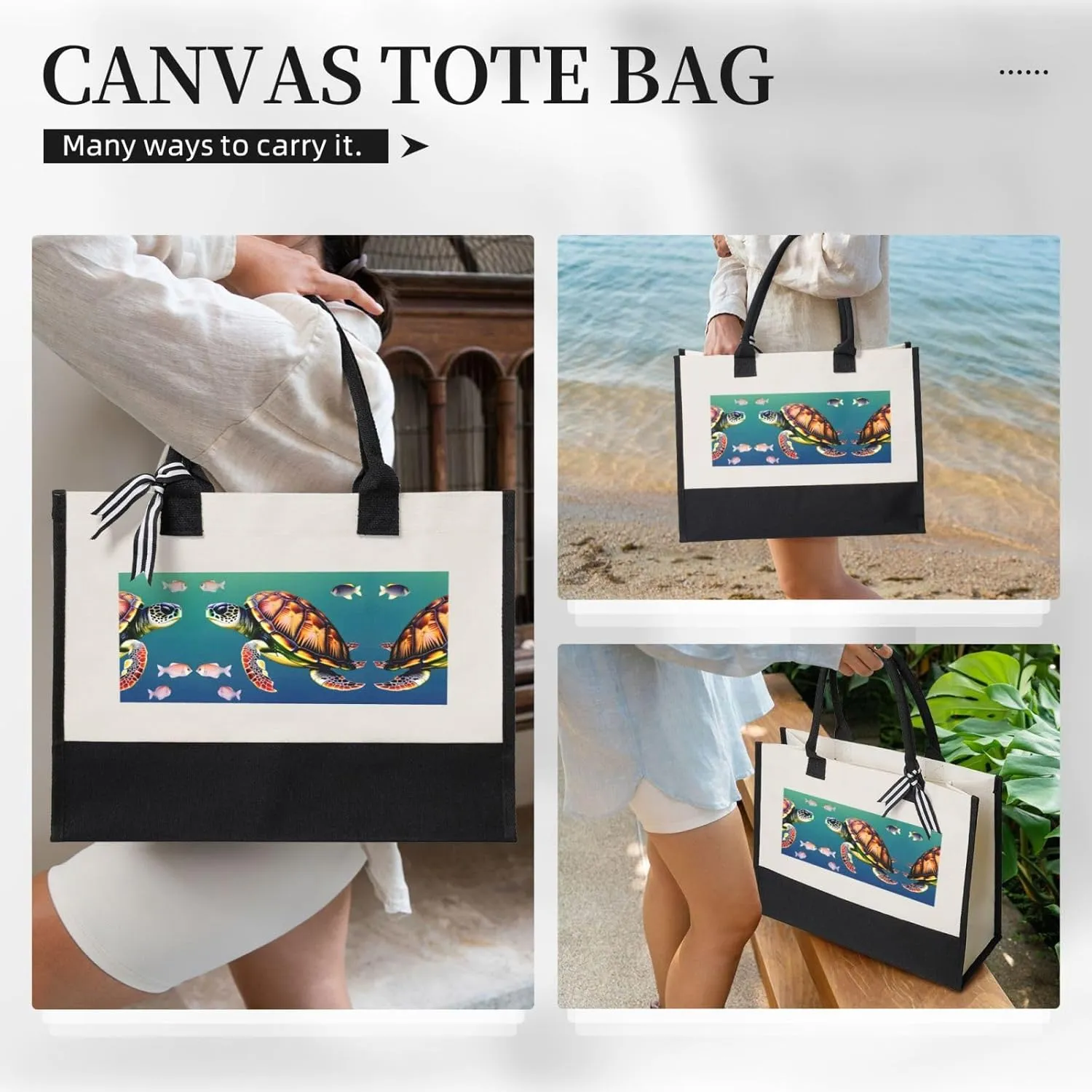 Sea Turtle With Fishes Christmas Tote Bags With Handles Canvas Reusable Gift Bag For Women Shopping Holiday Travel